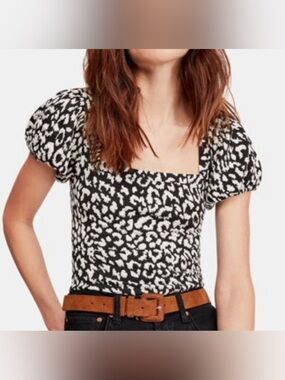 Free People Puff Sleeve Top ‘Cheetah' Black & White xs